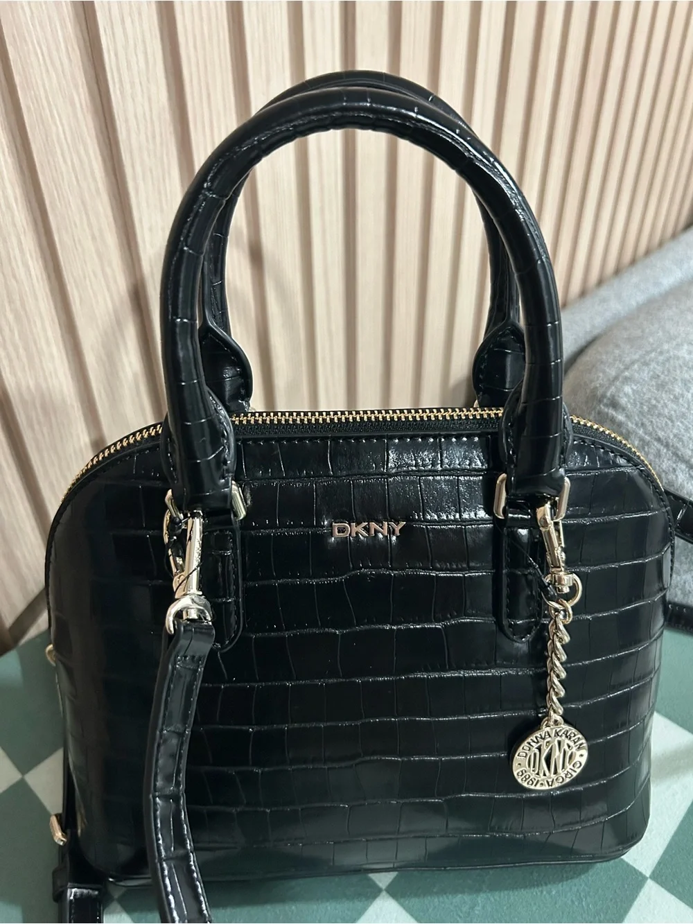 DKNY Black Croc-Embossed Satchel with Gold Hardware